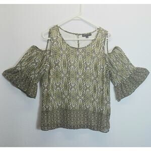 Sara Michelle Women's Cold-Shoulder Green & Cream Design Top l Size: M